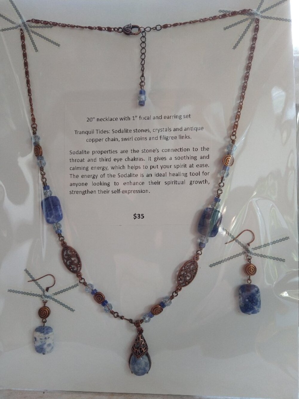 Handmade Sodalite blue white copper necklace and earrings set